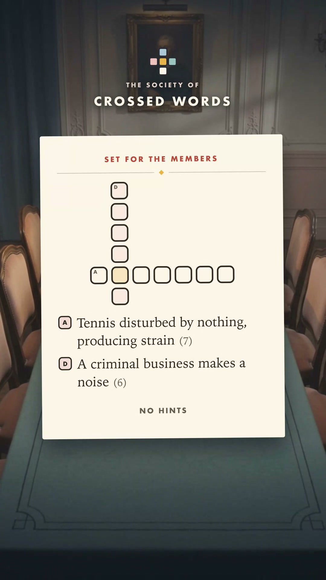 A seven-letter Across answer crossing a six-letter Down answer, with both clues visible and all answer cells empty