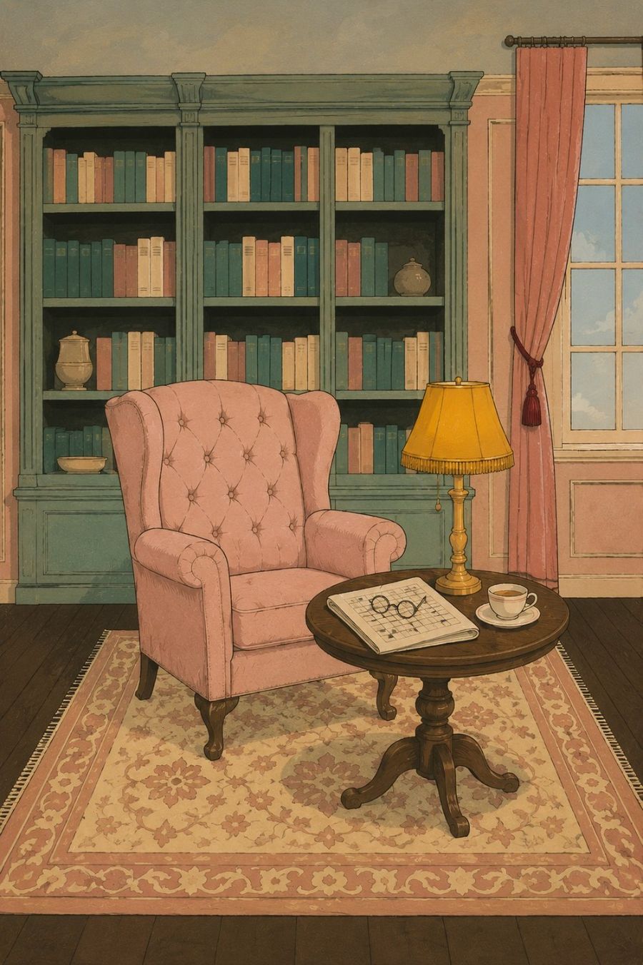 The members' parlour: a pink armchair, a bookcase, a lamp and a half solved grid