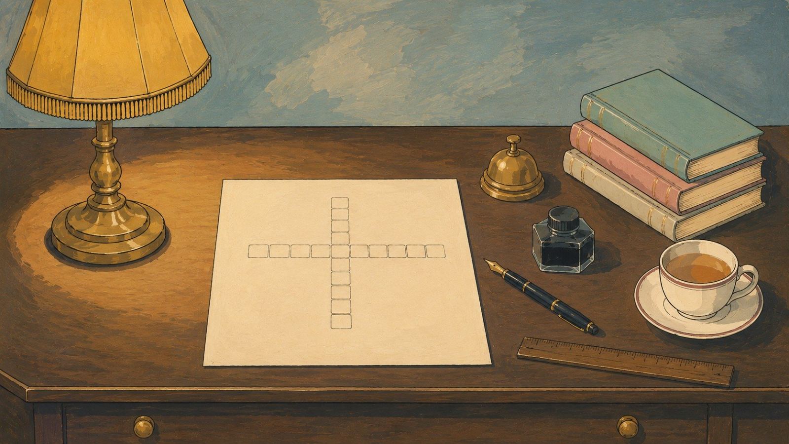 The Secretary's desk: a cross of empty squares on cream paper, a pen, ink, a bell and a cup of tea